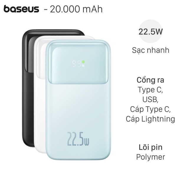 Pin sạc dự phòng Baseus Qpow2 20.000mAh 22.5W hiển thị pin kèm cáp Lightning và Type-C