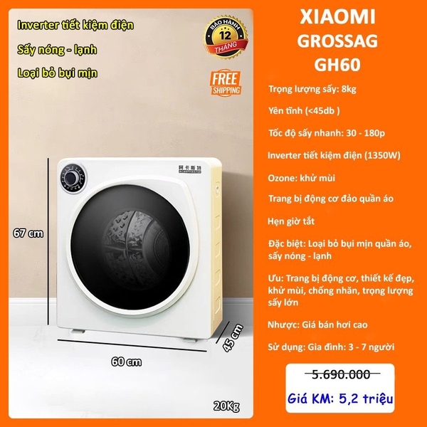 Máy sấy quần áo Xiaomi Grossag GH60 - 8kg