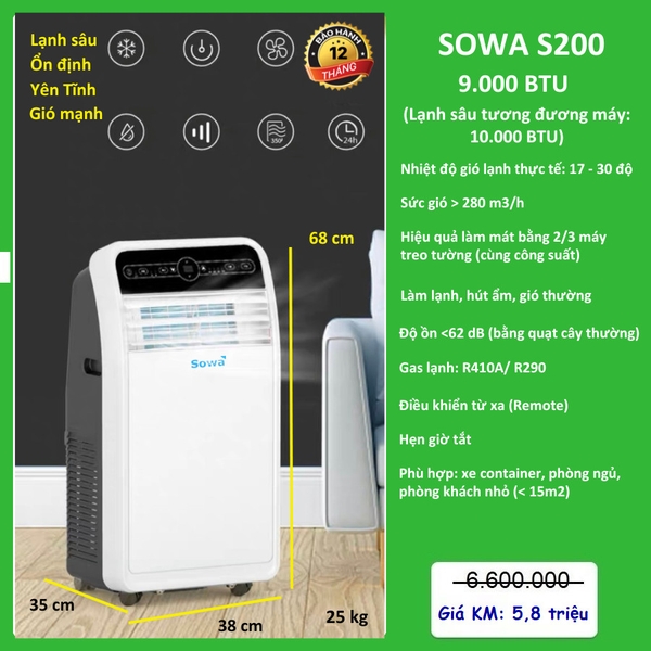 Điều hoà di động Sowa S200 New Model - 9.000BTU