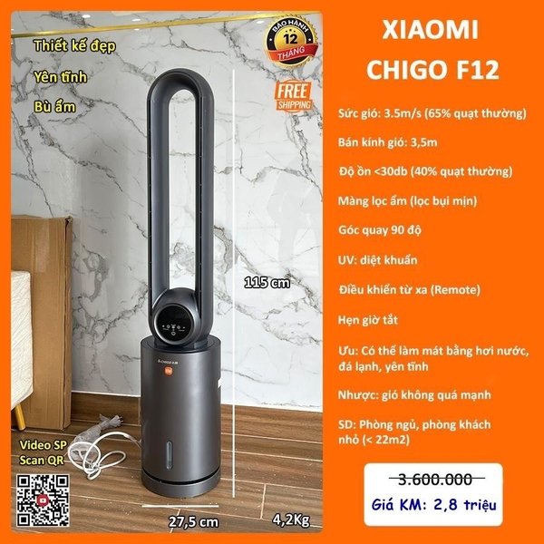 Quạt không cánh Xiaomi Chigo F12 - Màu đen