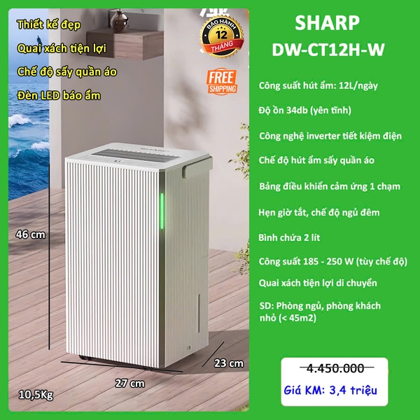 Máy hút ẩm Sharp 12L DW-CT12H-W