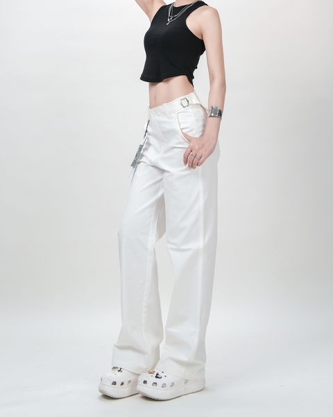 Quần Kaki Nữ Lưng Cao Ống Rộng Có Sidetab  Màu Trắng | KQSTYLING WIDE