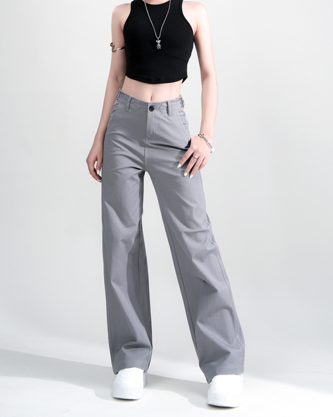 Quần Kaki Nữ Lưng Cao Ống Rộng Có Sidetab  Màu Xám Nhạt | KQSTYLING WIDE