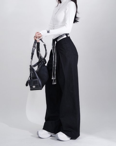 Quần Kaki Nữ Lưng Cao Ống Rộng Form Đứng Màu Đen | KQSTYLING High-Waist Wide-Leg