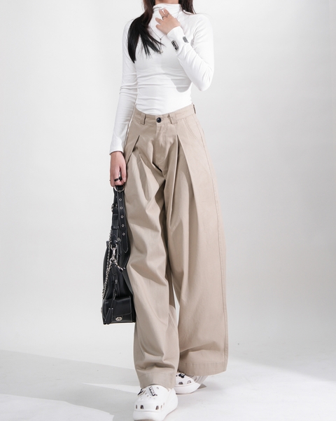 Quần Kaki Nữ Lưng Cao Ống Rộng Form Đứng Màu Nây Tây | KQSTYLING High-Waist Wide-Leg