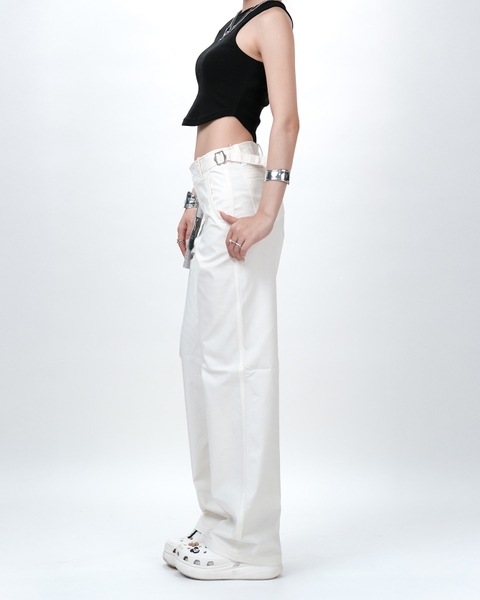 Quần Kaki Nữ Lưng Cao Ống Rộng Có Sidetab  Màu Trắng | KQSTYLING WIDE