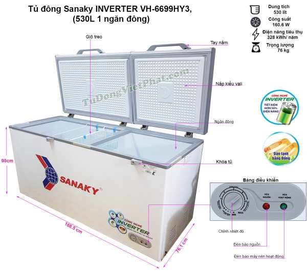 Tủ đông Sanaky VH-6699HY3 Inverter 530 lít 1 ngăn đông