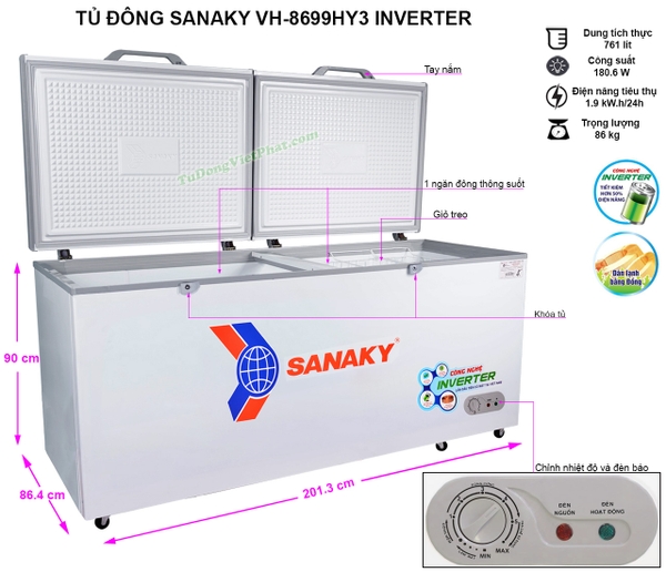 Tủ đông Sanaky VH-8699HY3 Inverter 761 lít 1 ngăn đông