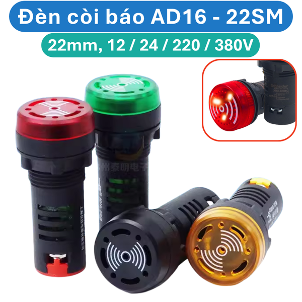 Đèn còi báo AD16 - 22SM lỗ khoét 22mm điện áp 12V, 24V, 220V, 380VAC