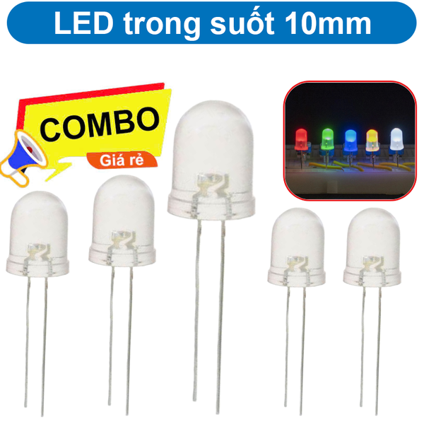 (5 Con) LED 10mm trong suốt (đỏ/trắng/vàng/xanh lá/xanh dương)