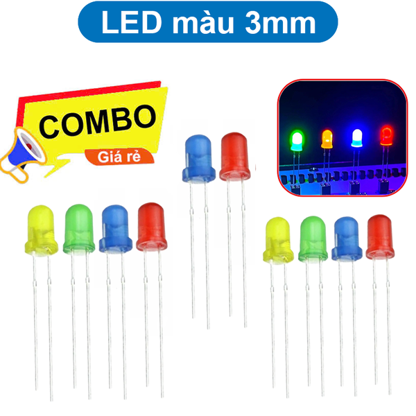 (20 Con) LED 3mm màu (đỏ/vàng/xanh lá/xanh dương)