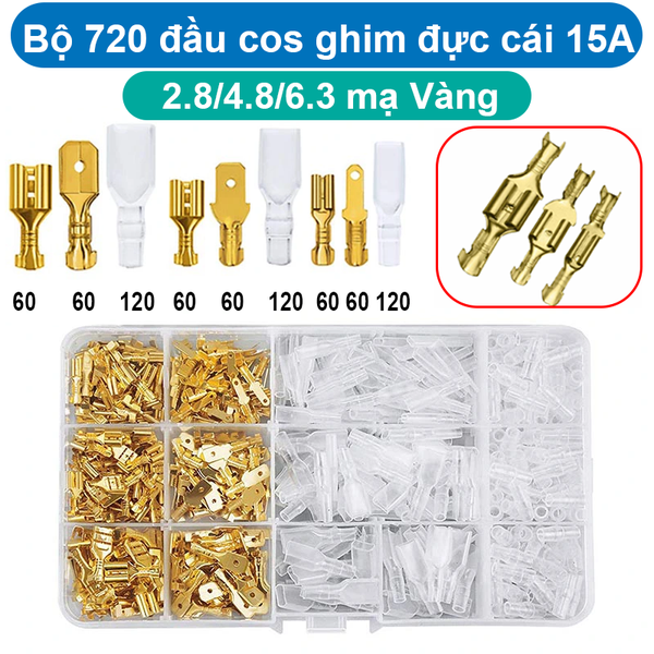 Bộ 720 Đầu Cos ghim đực cái 15A 2.8/4.8/6.3 mạ Vàng
