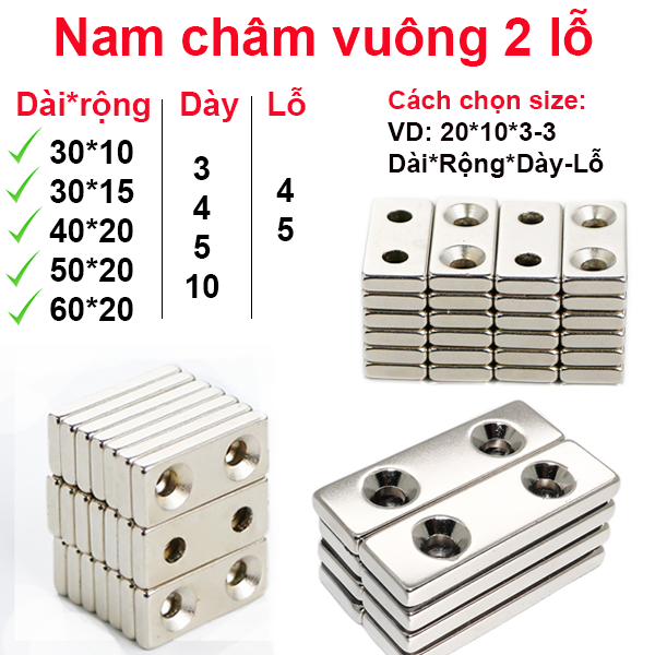 Nam châm đất hiếm vuông , chữ nhật 2 lỗ