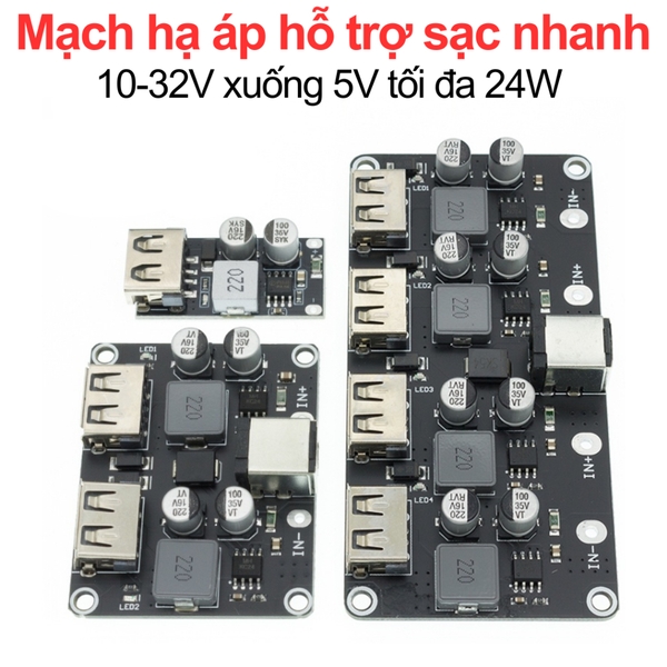 Mạch hạ áp 10 - 32V xuống 5V tối đa 24W chế sạc điện thoại, hỗ trợ sạc nhanh 1 - 4 cổng