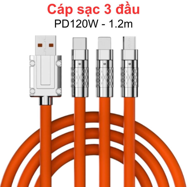 Cáp sạc 3 đầu sắt IP, Type C, Micro B 120W 1.2 mét nhiều màu có túi