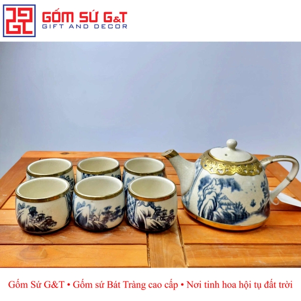 Bộ siêu quai sứ sơn thủy men rạn bọc đồng