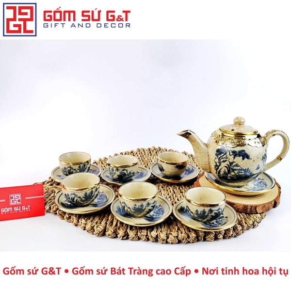 Ấm chén minh long sơn thuỷ men rạn bọc đồng