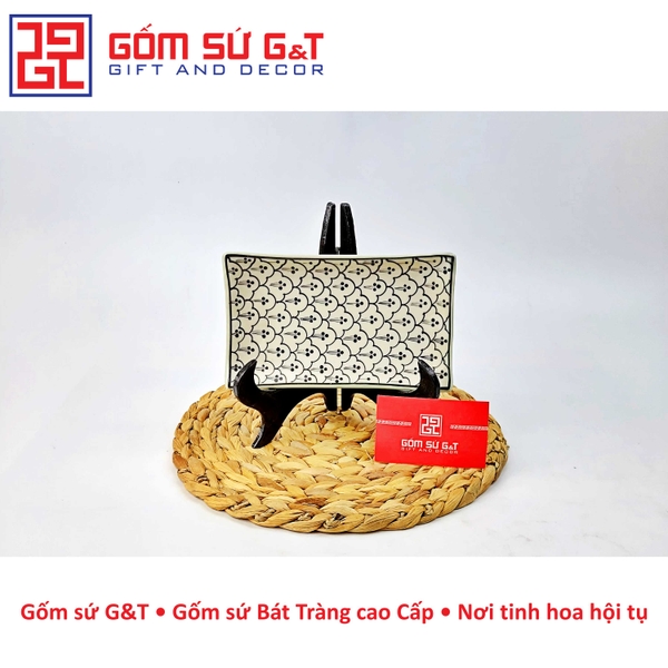 Khay chữ nhật men xanh đồng vẽ hoa bèo
