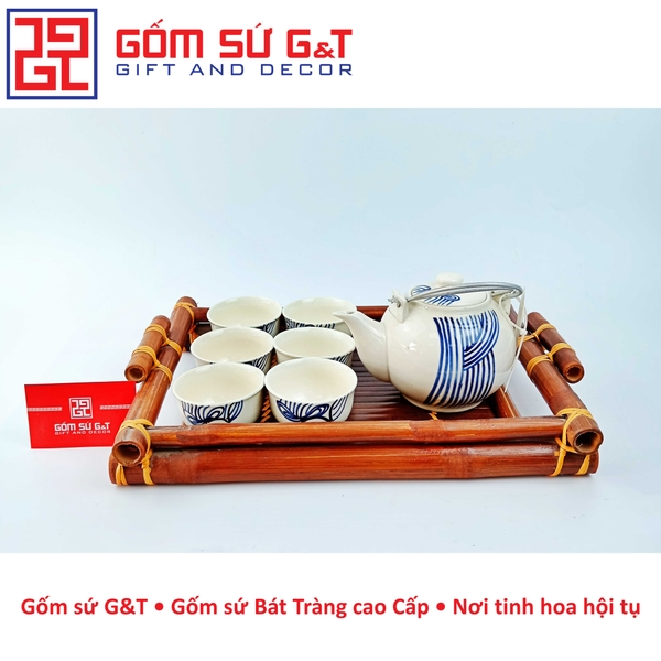 Bộ trà vẽ kẻ sóng khay gỗ