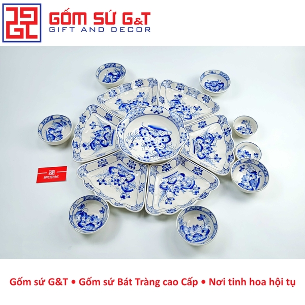 Bộ đồ ăn mặt trời vẽ sen xanh