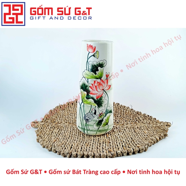 Lọ hoa dáng ống vẽ sen hạc