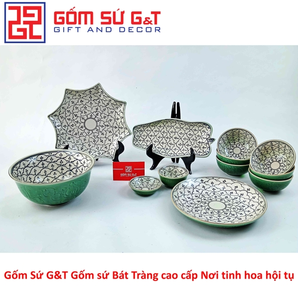 Bộ đồ ăn 6 người men xanh đồng vẽ hoa bèo
