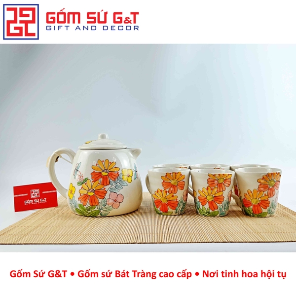 Ấm chén vẽ hoa cúc đỏ