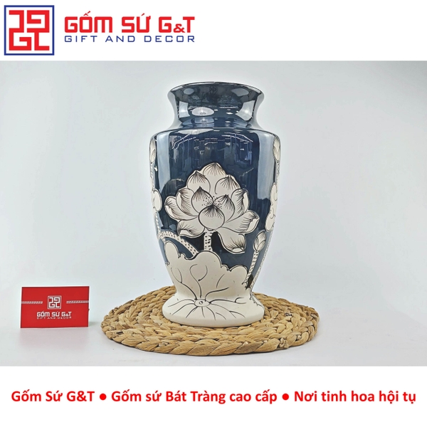 Lọ hoa men hỏa biến dáng chân voi vẽ sen