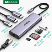 UGREEN 90119 USB-C to 2*USB3.0 + USB 2.0 + 2*HDMI +RJ45+ SD/TF +PD Converter 4K60Hz