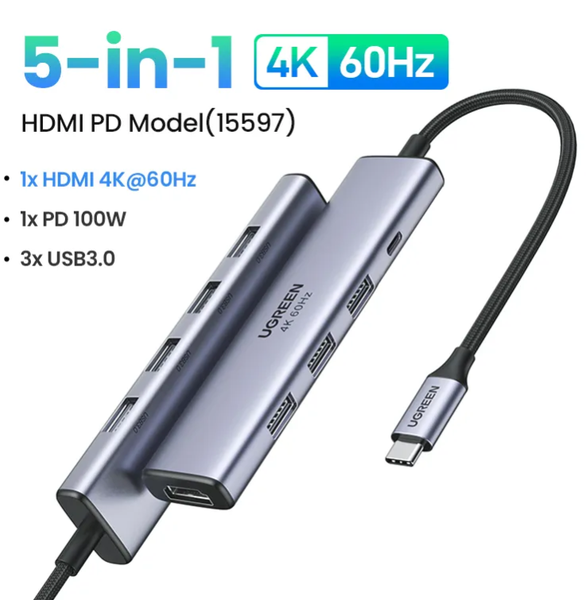 UGREEN 15597 USB-C To HDMI+3*USB 3.0 A+PD Power Converter 4K@60Hz  with PD