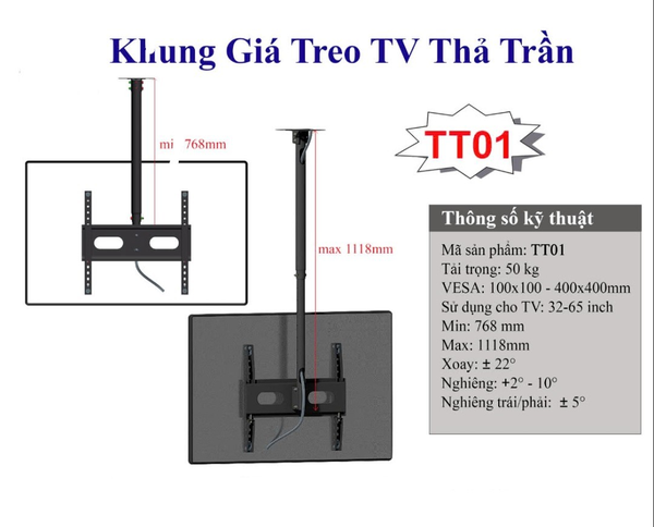 Khung treo thả trần Chánh Phát TT01-A (32''- 65'') ---  --- Chiều dài 1306-1656mm | Tải trọng 50kg | Full VAT