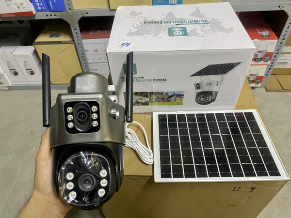 Solar Camera 4G Yoosee màu đen 2 mắt 2 khung hình, khe sim 4G - Mẫu Mới (12 LED + Còi báo động trắng  + App: V380 PRO)