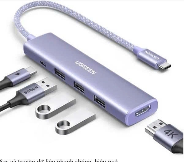 UGREEN 35582 - Bộ chuyển đổi USB Type-C 5 trong1 ra HDMI 4K@30Hz, USB 3.0, Sạc PD 100W