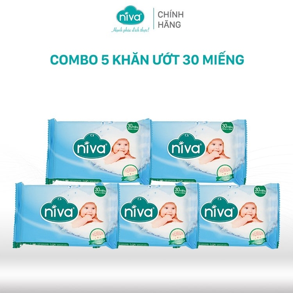 Combo 5 Khăn Ướt Đa Năng Không Mùi NIVA Gói 30 Tờ Tiện Dụng, Diệt Khuẩn, An Toàn Cho Trẻ Sơ Sinh