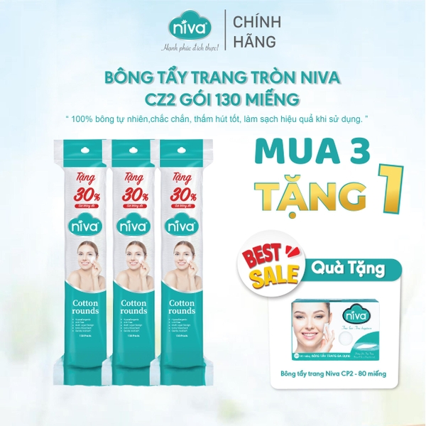Bông Tẩy Trang NIVA Tròn CZ2 – Gói 130 Miếng, 100% Bông Tự Nhiên, Mềm Mại Cho Da Nhạy Cảm