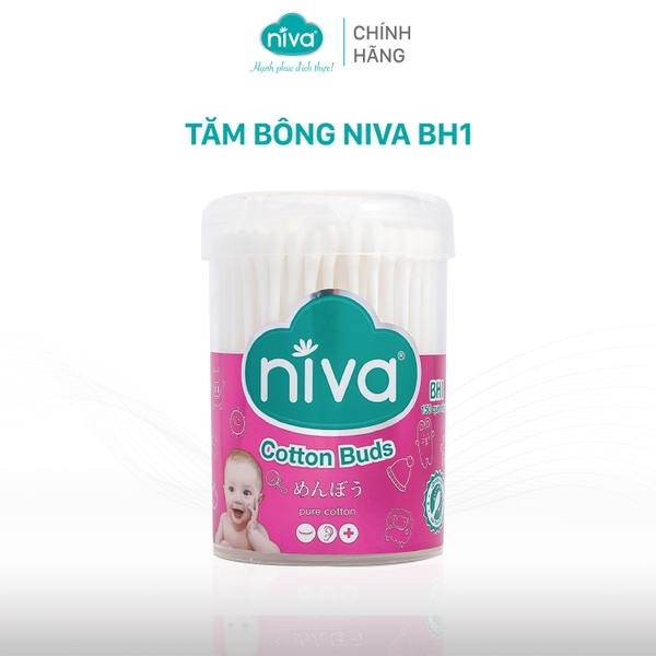 Tăm Bông Niva Cho Trẻ Sơ Sinh Hũ Xoay 150 Que Thân Nhựa BH1 Bông Tự Nhiên, Công Nghệ Kháng Khuẩn An Toàn Cho Bé