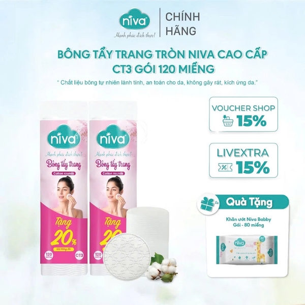 [Mua 2 Tặng 1] Bông Tẩy Trang Tròn Niva Cao Cấp CT3 Gói 120 Miếng Bông Tự Nhiên Mềm Mại Tẩy Trang, Rửa Mặt