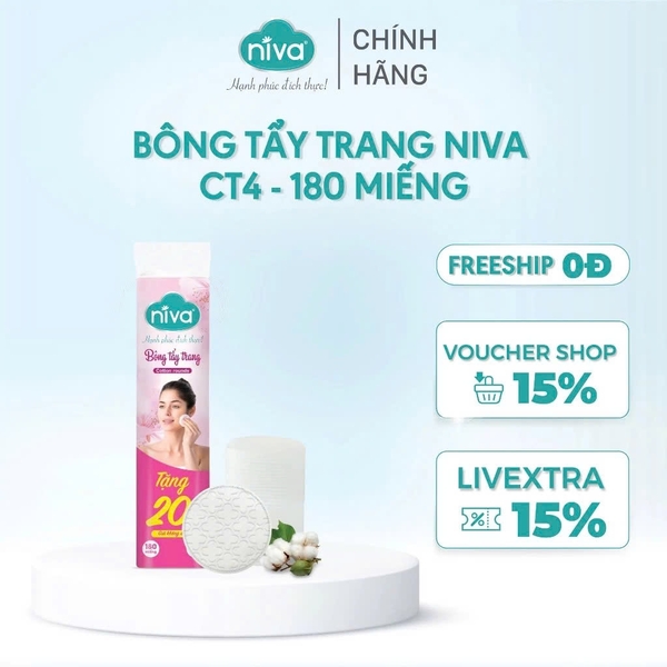 Bông Tẩy Trang Tròn Niva CT4 Cao Cấp 180 Miếng Bông Tự Nhiên Mềm Mại Tẩy Trang Dưỡng Da 2 Trong 1