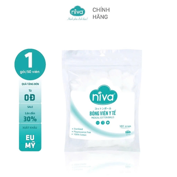 Gói 50 Bông Gòn Viên Tròn Y Tế Niva YB1 Đường Kính 27mm Nhét Tai Cho Mẹ, Phụ Nữ Sau Sinh An Toàn Tiệt Trùng