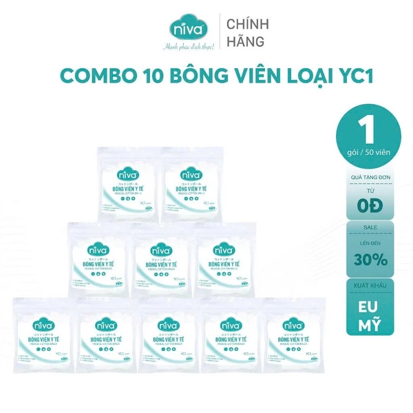 Combo 10 Gói 50 Bông Gòn Viên Tròn Y Tế Niva YC1 Đường Kính 16mm Nhét Tai Cho Mẹ, Phụ Nữ Sau Sinh An Toàn Tiệt Trùng