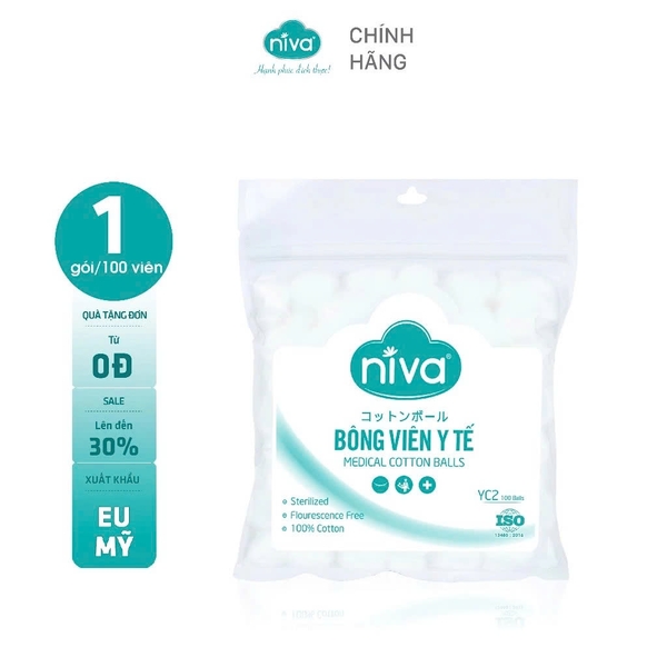 [Combo 10 - 20] Gói 100 Bông Gòn Viên Tròn Y Tế Niva YC2 Đường Kính 16mm Nhét Tai Cho Mẹ, Phụ Nữ Sau Sinh An Toàn Tiệt Trùng