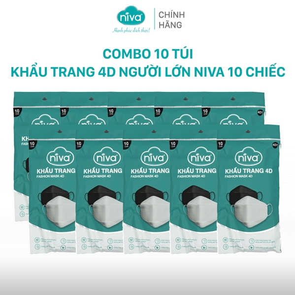 Combo 10 Khẩu Trang Niva 4D Mask KF94 Người Lớn 10 Chiếc Ngăn Bụi Mịn, Kháng Khuẩn, Không Kích Ứng Da, Hàng Chính Hãng