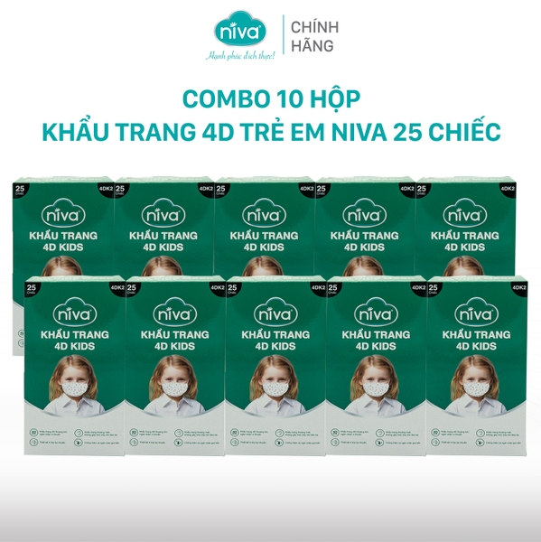 Combo 10 Khẩu Trang Niva 4D Mask KF94 Trẻ Em 25 Chiếc Ngăn Bụi Mịn, Kháng Khuẩn, Không Kích Ứng Da, Hàng Chính Hãng