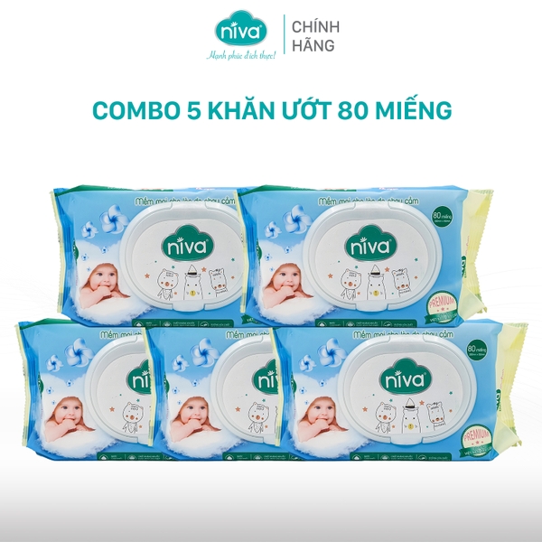 Combo 5 Khăn Ướt Đa Năng Không Mùi Niva Gói 80 Tờ Tiện Dụng, Diệt Khuẩn, An Toàn Cho Trẻ Sơ Sinh Phụ Nữ Mang Thai
