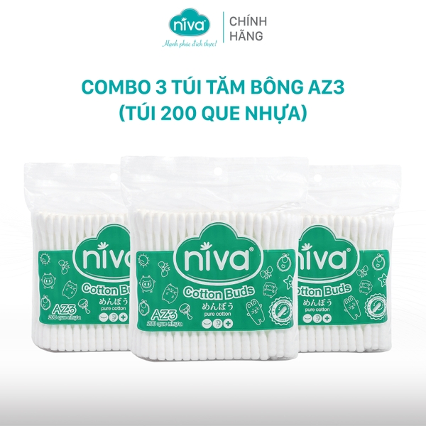 Combo 3 Tăm Bông Niva Túi 200 Que Thân Nhựa AZ3 Đa Năng Chuyên Dùng Ngoáy Tai, Vệ Sinh, Trang Điểm