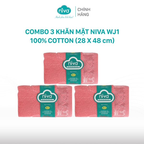 Combo 3 Khăn Mặt 100% Cotton Tự Nhiên Niva WJ1 Mềm Mịn Thấm Nước An Toàn Cho Da Họa Tiết Trơn Kích Thước 28x48 cm