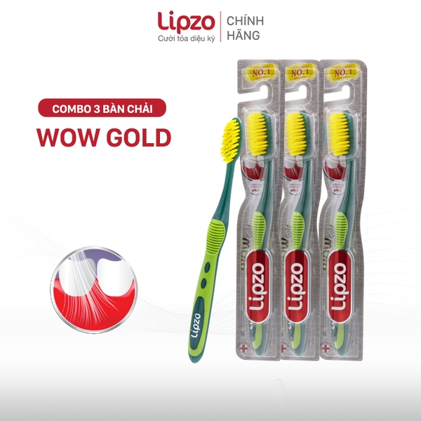 Combo 3 Bàn Chải Đánh Răng Lipzo Wow Gold Dành Cho Người Lớn Công Nghệ Chỉ Tơ Vàng Hai Lớp Nano Kháng Khuẩn Khử Mùi