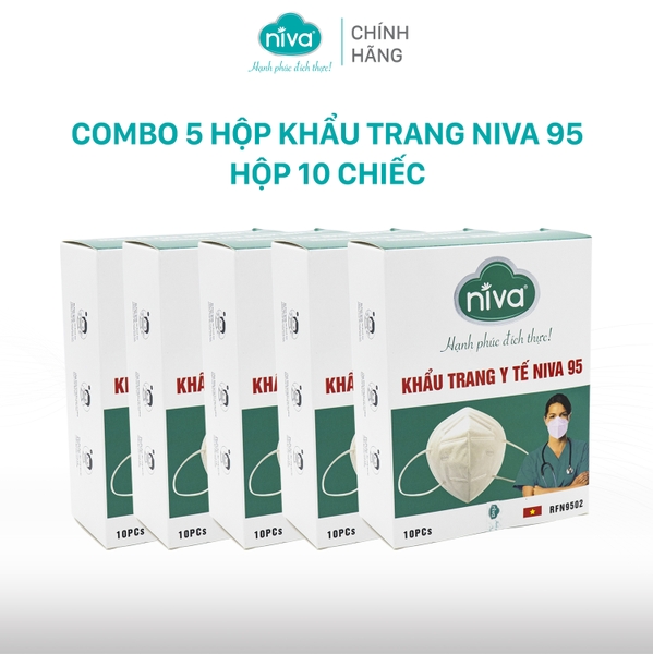 Combo 5 Hộp Khẩu Trang Niva 95 Hộp 10 Chiếc Ngăn Giọt Bắn, Lọc Vi Khuẩn, Không Gây Kích Ứng Da, Hàng Chính Hãng Cao Cấp