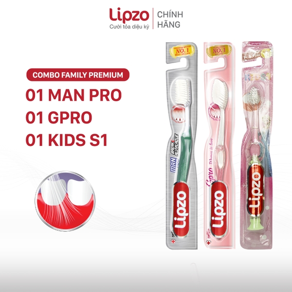 Combo 3 Bàn Chải Đánh Răng Lipzo Kid S1, Gpro Và Pro For Man Công Nghệ Lông Nở Chỉ Tơ Vệ Sinh Răng Miệng Cho Gia Đình