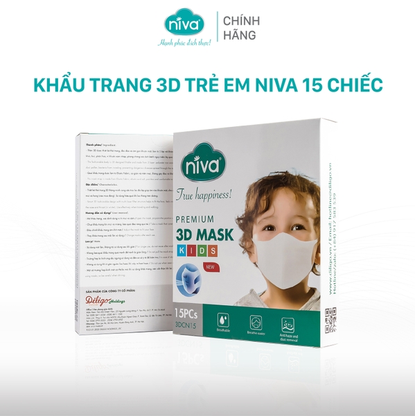 Khẩu Trang 3D Trẻ Em Niva Hộp 15 Cái Cấu Trúc 3 Lớp Ngăn Bụi Mịn Kháng Khuẩn Hàng Chính Hãng Cao Cấp Cho Bé Từ 1-6 Tuổi